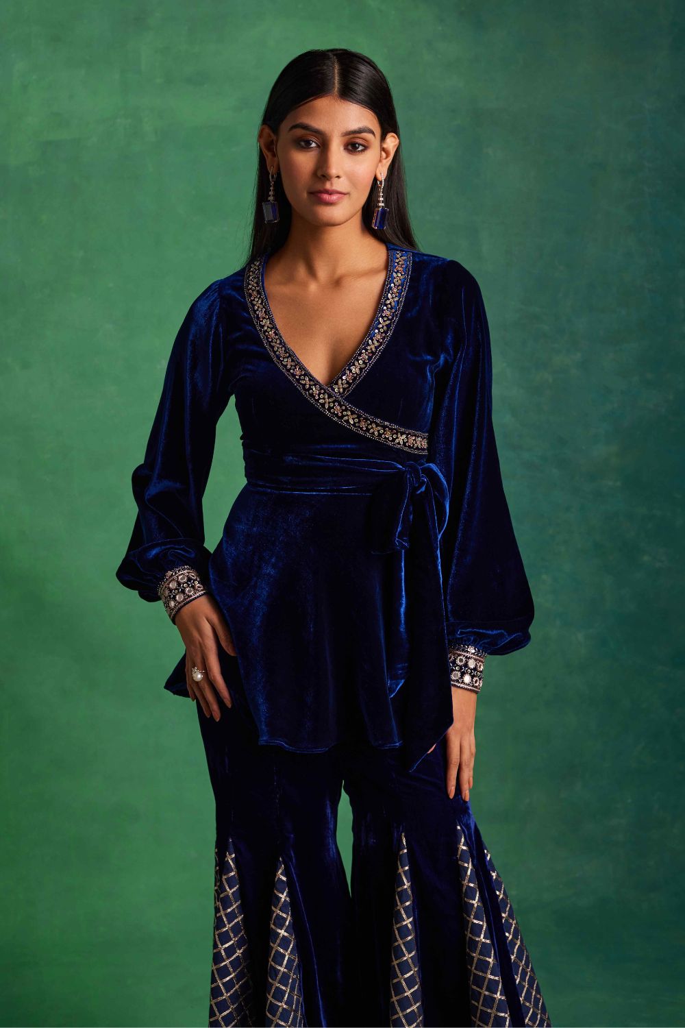 Sanya Gulati - Blue Velvet Peplum and Godet Pants Set from Mahtab