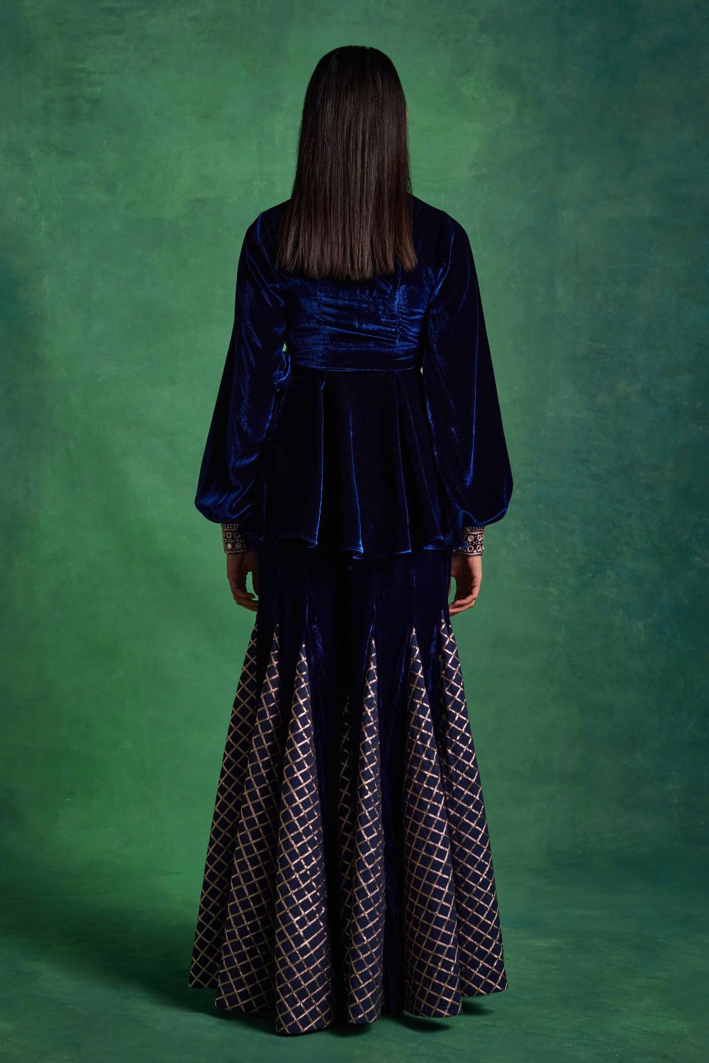Sanya Gulati - Blue Velvet Peplum and Godet Pants Set from Mahtab