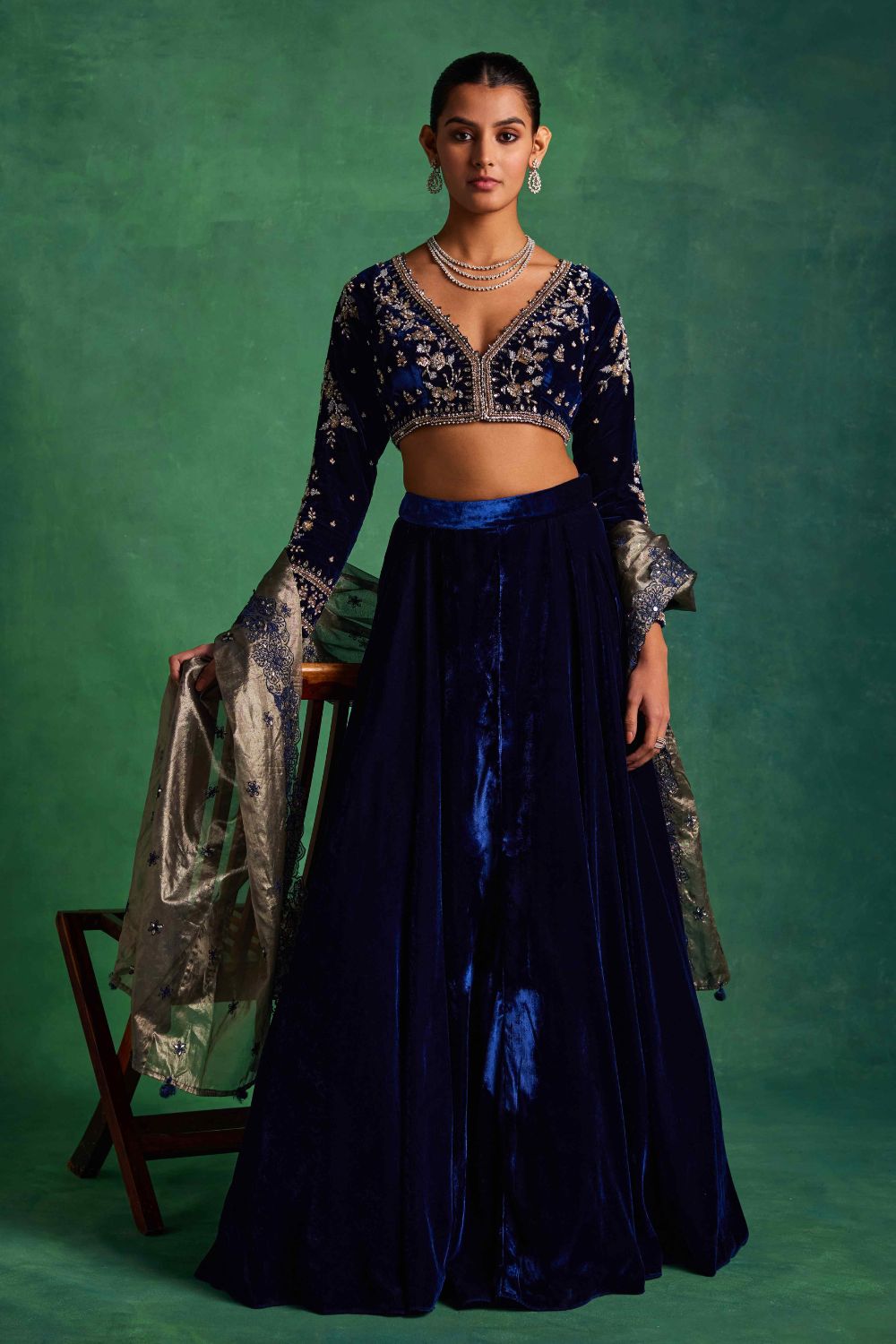 Sanya Gulati - Blue Velvet Lehenga and Blouse Set from Mahtab