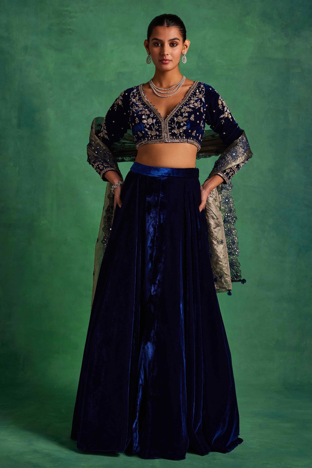 Sanya Gulati - Blue Velvet Lehenga and Blouse Set from Mahtab