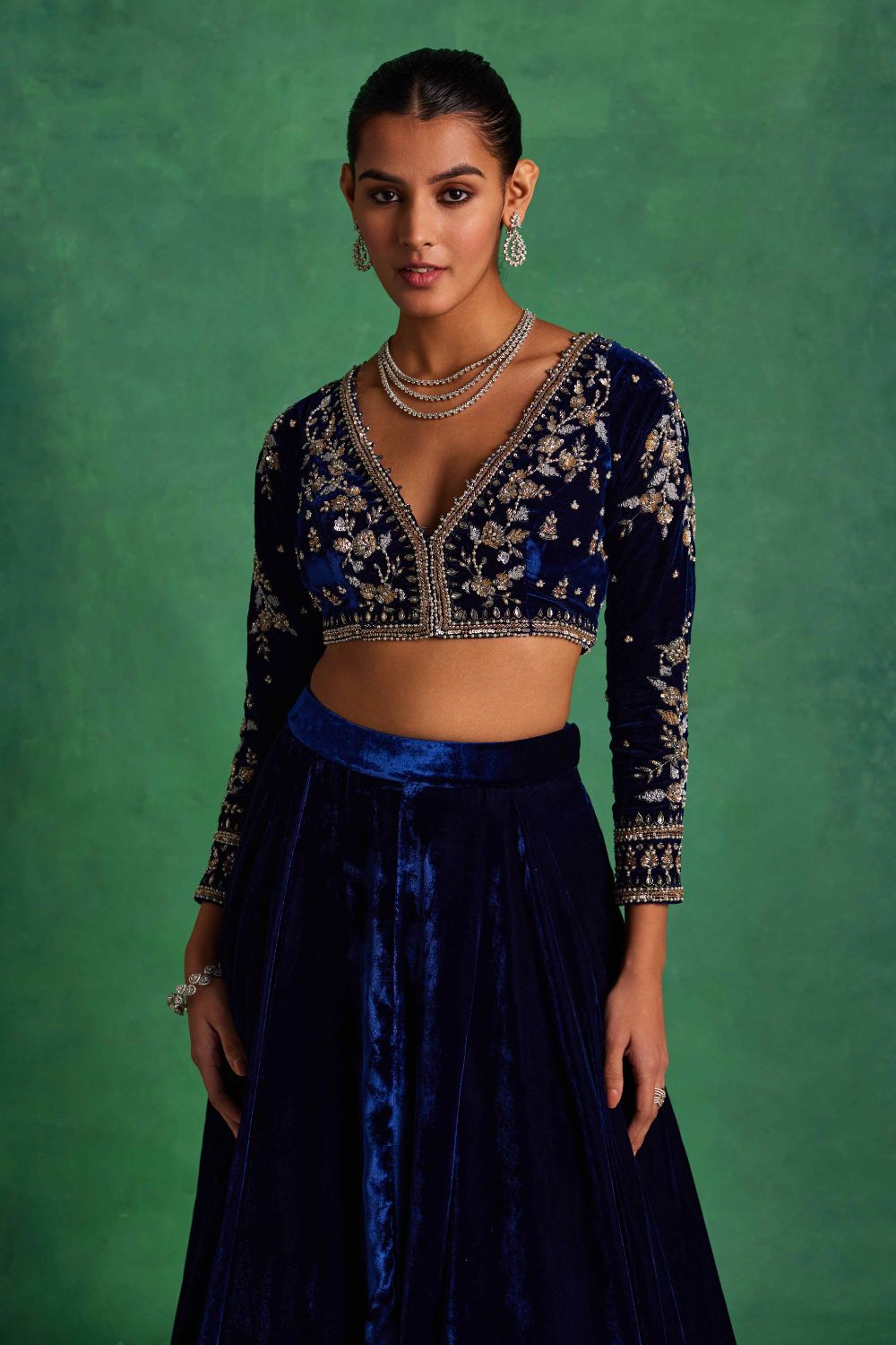 Sanya Gulati - Blue Velvet Lehenga and Blouse Set from Mahtab