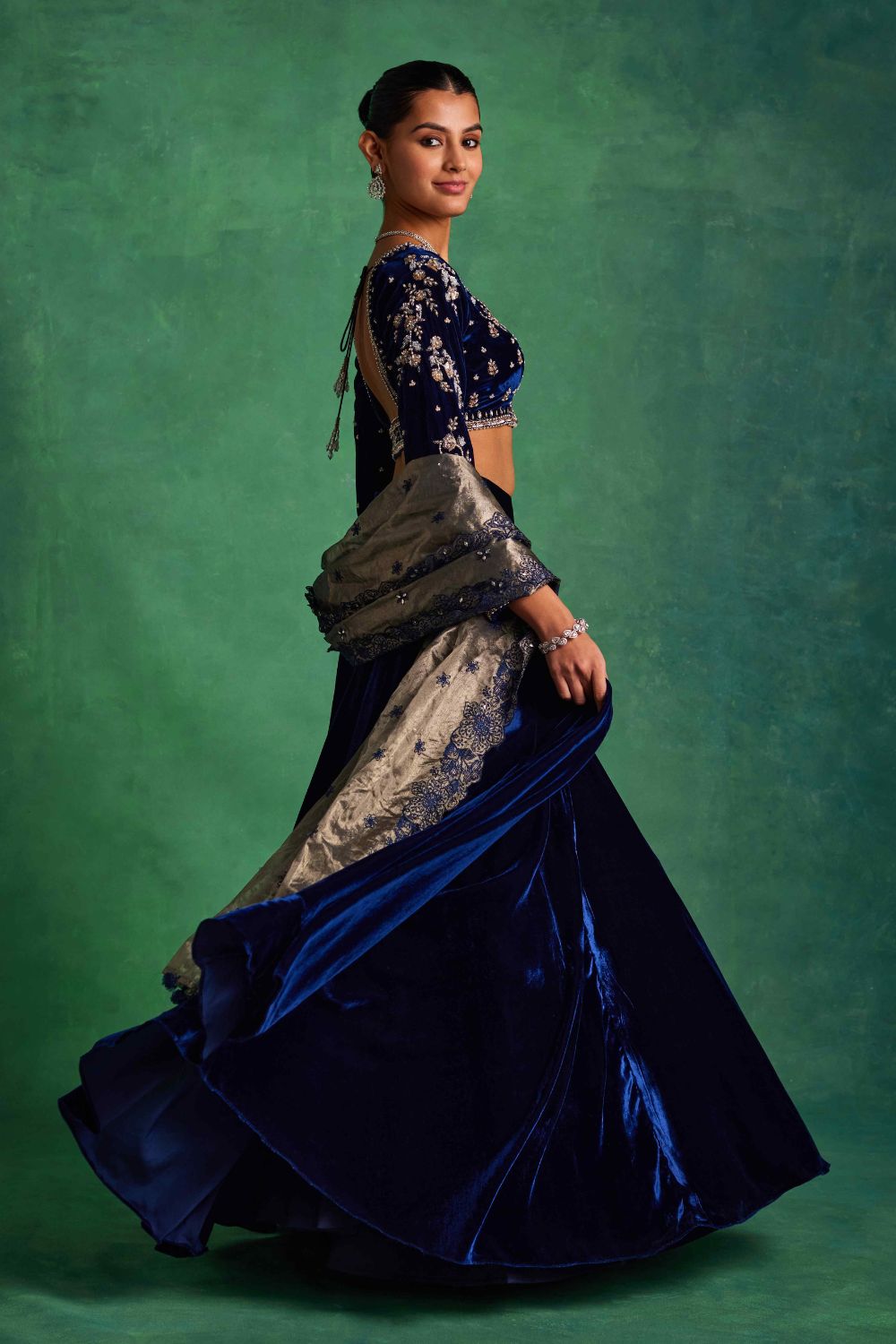 Sanya Gulati - Blue Velvet Lehenga and Blouse Set from Mahtab