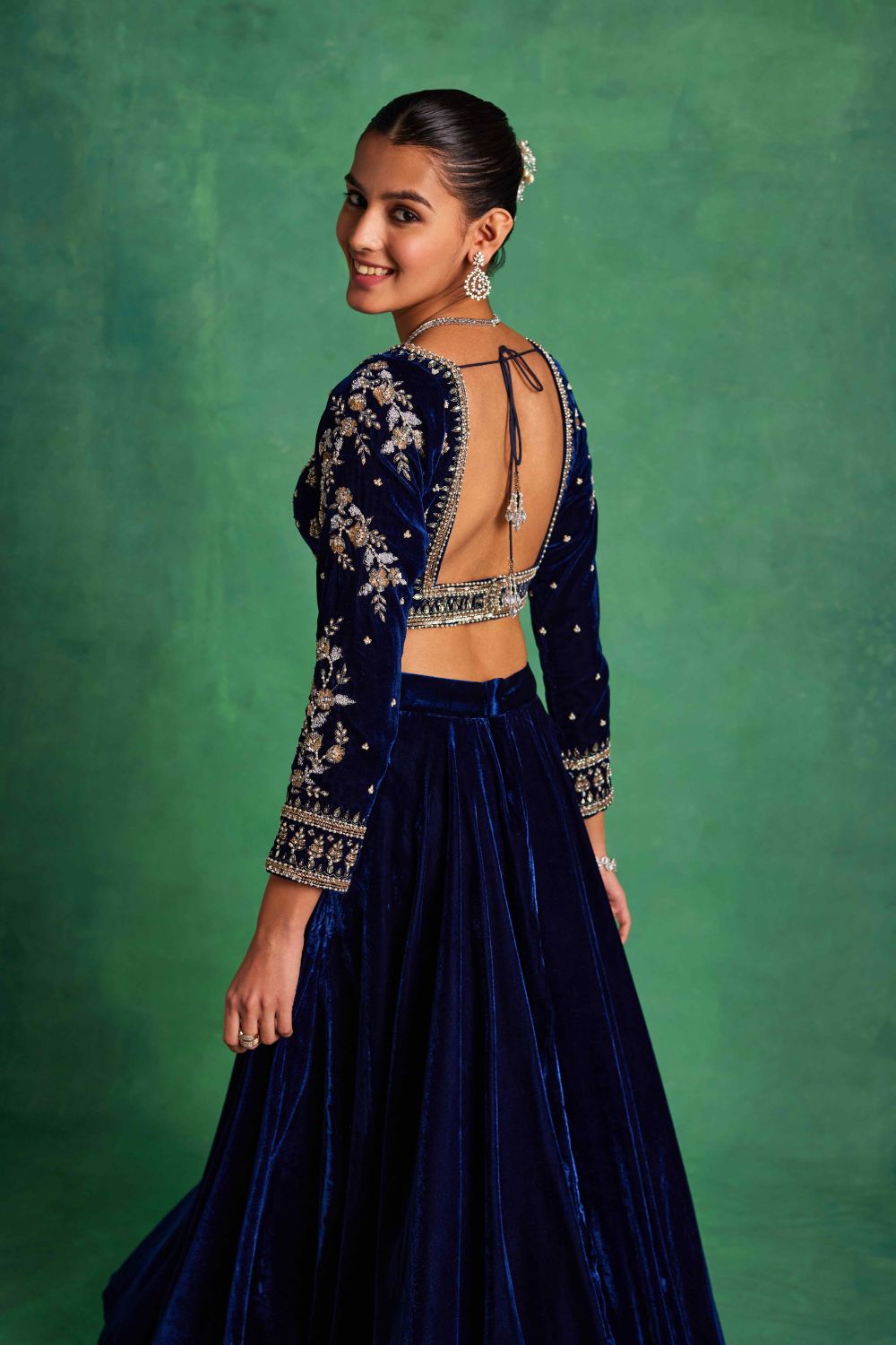 Sanya Gulati - Blue Velvet Lehenga and Blouse Set from Mahtab