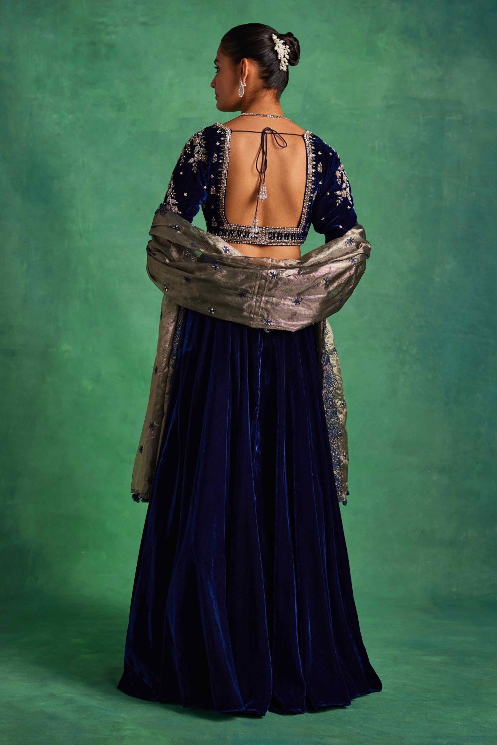 Sanya Gulati - Blue Velvet Lehenga and Blouse Set from Mahtab