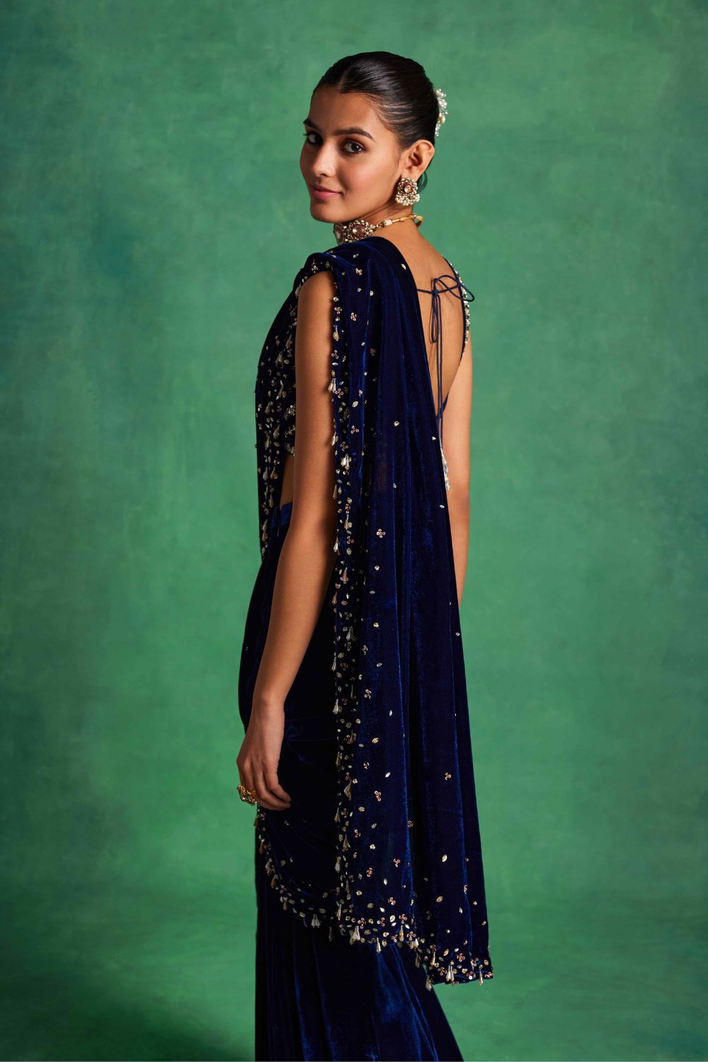 Sanya Gulati - Blue Velvet Slit Saree from Mahtab
