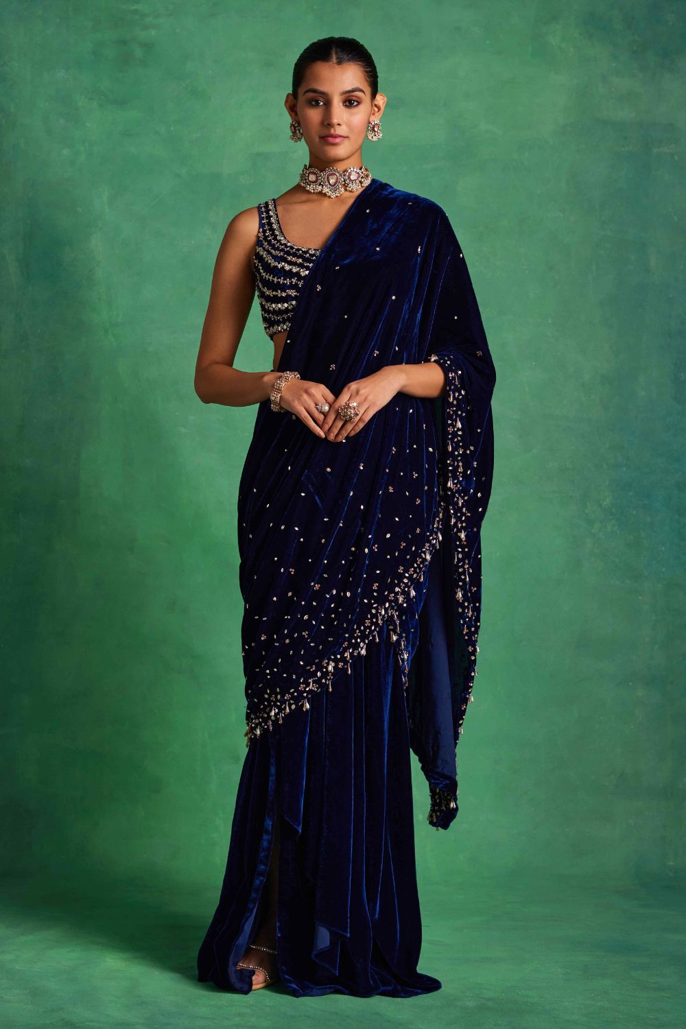 Sanya Gulati - Blue Velvet Slit Saree from Mahtab