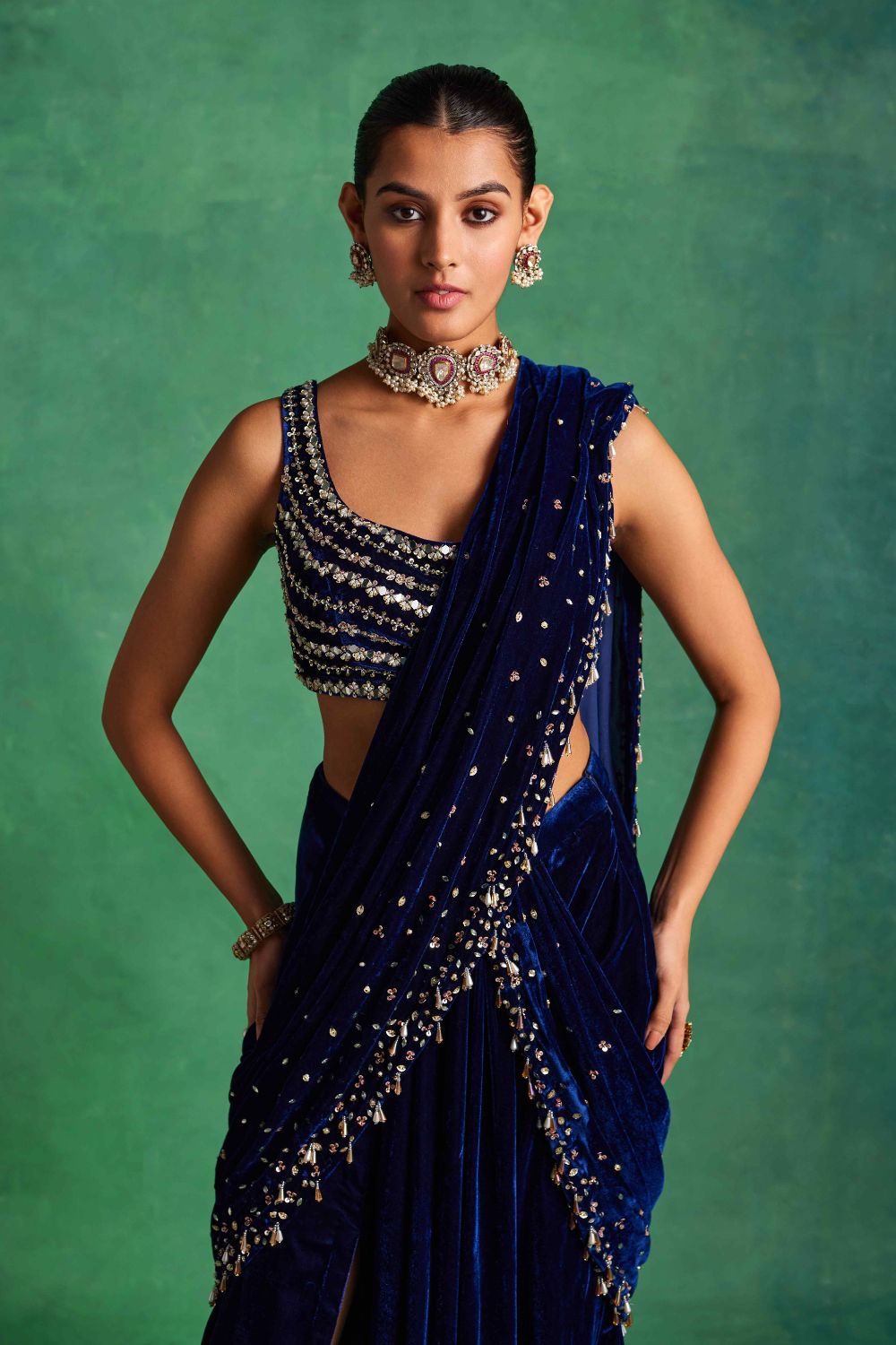 Sanya Gulati - Blue Velvet Slit Saree from Mahtab
