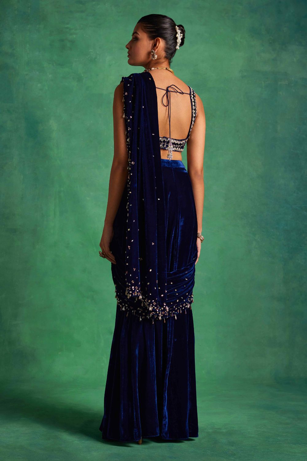 Sanya Gulati - Blue Velvet Slit Saree from Mahtab