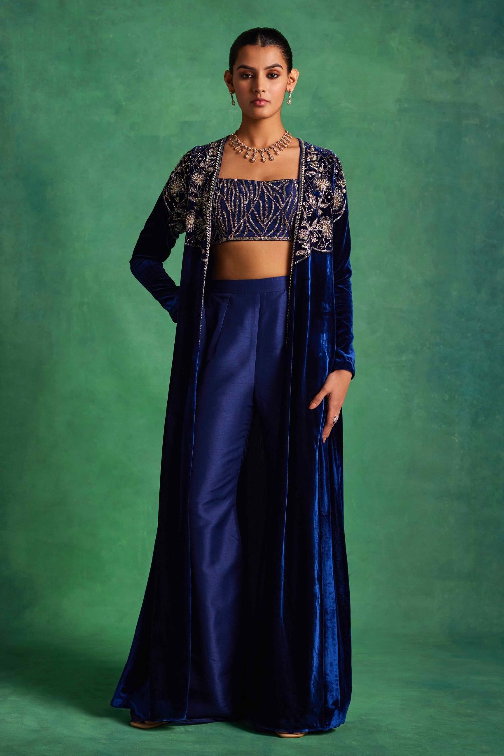 Sanya Gulati - Blue Velvet Long Jacket With Bustier and Pants Set from Mahtab