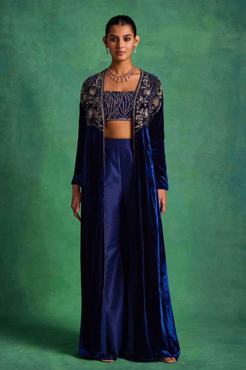 Sanya Gulati - Blue Velvet Long Jacket With Bustier and Pants Set from Mahtab
