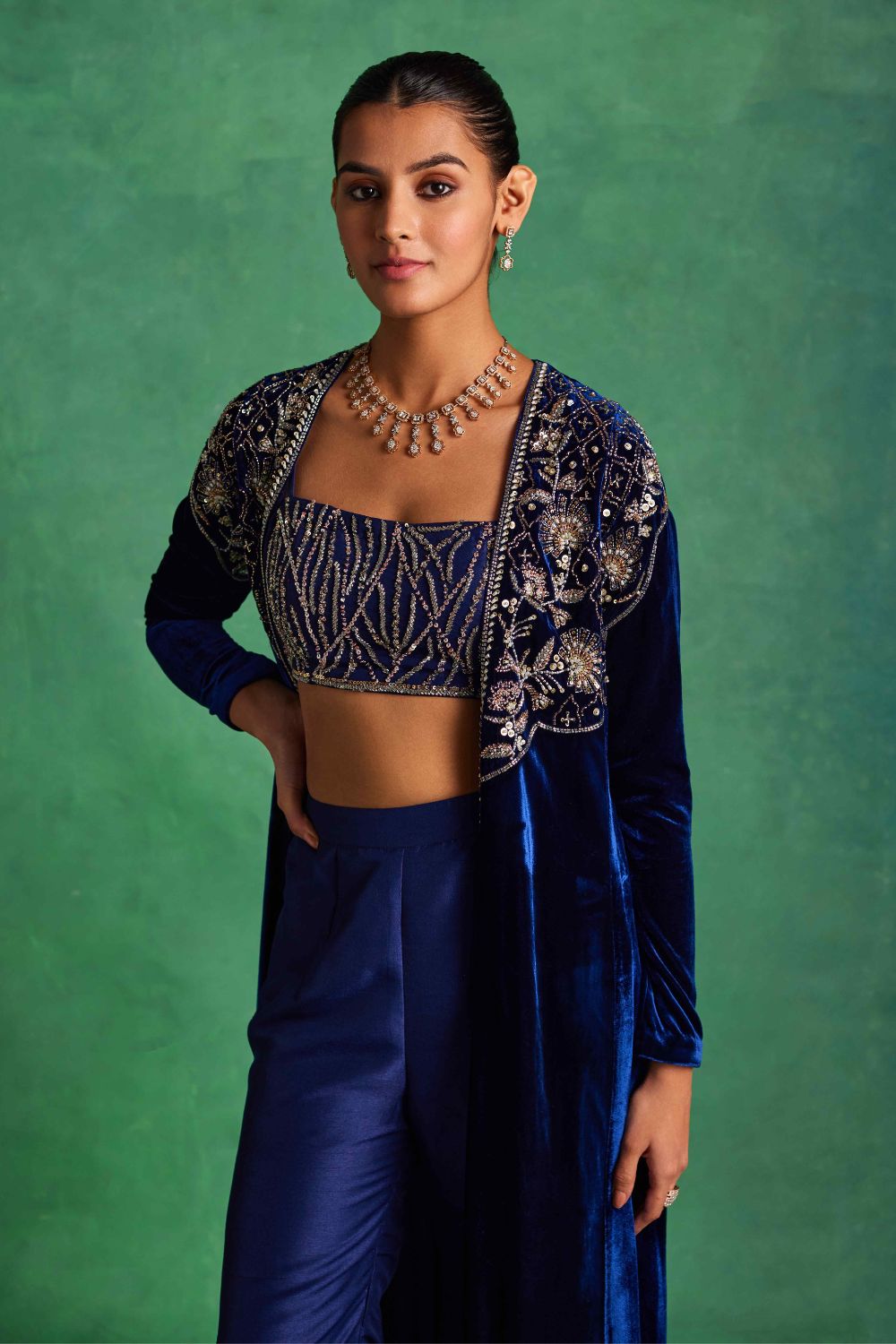 Sanya Gulati - Blue Velvet Long Jacket With Bustier and Pants Set from Mahtab