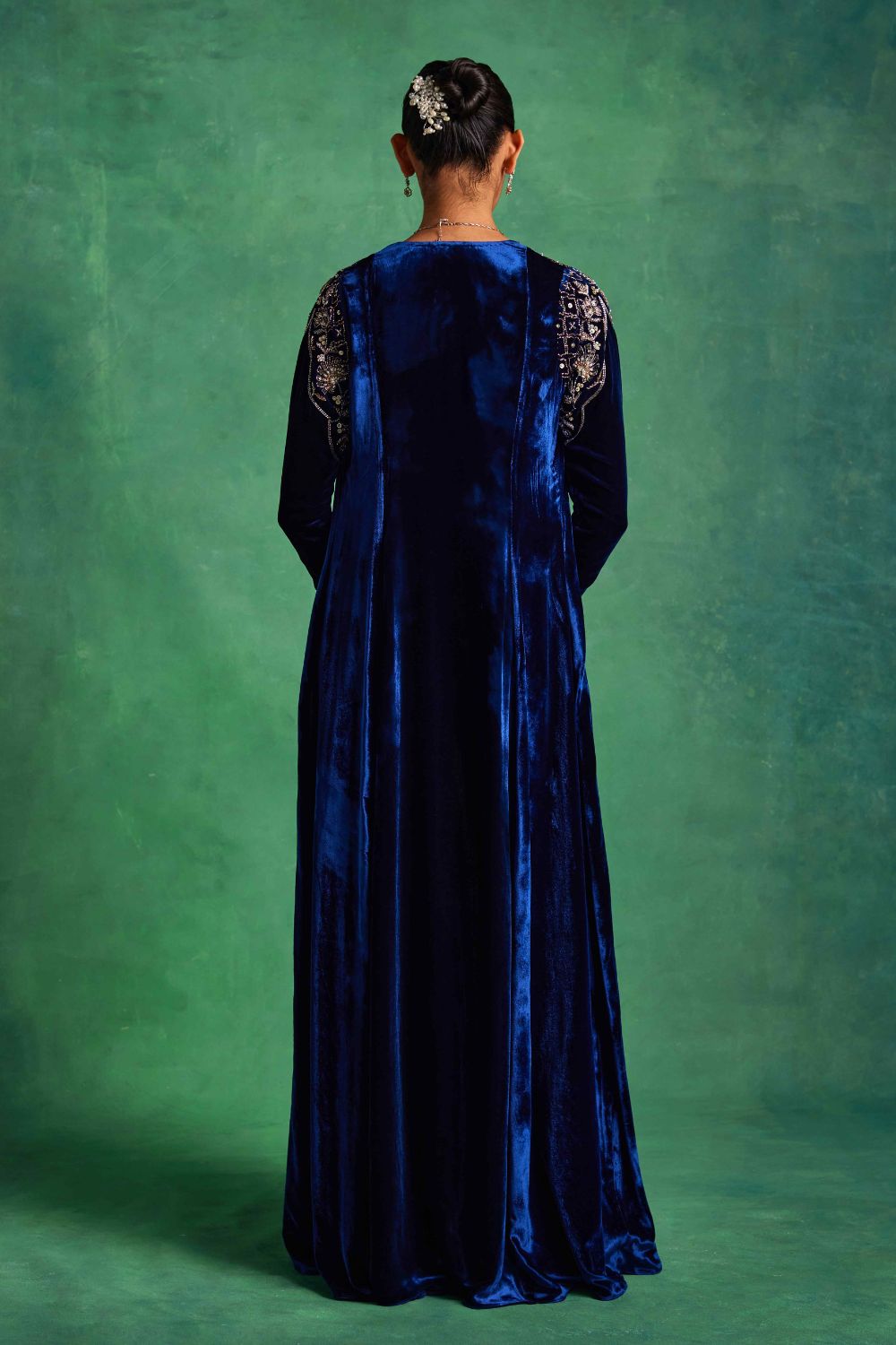 Sanya Gulati - Blue Velvet Long Jacket With Bustier and Pants Set from Mahtab