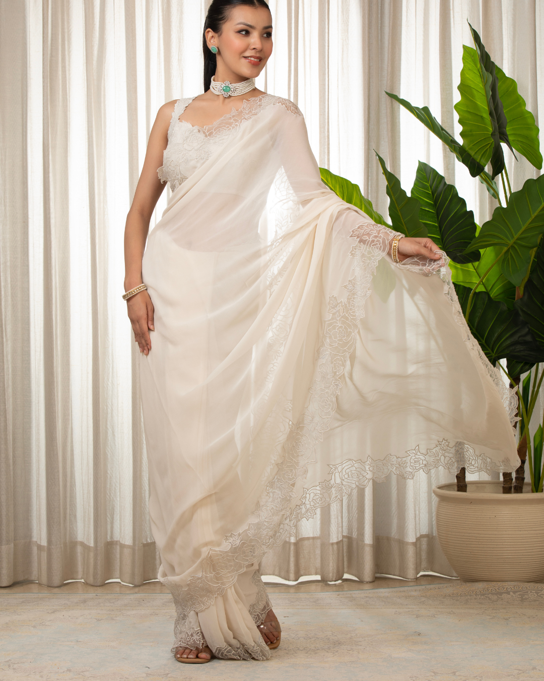 Esha Koul - White Nikaza Saree Set
