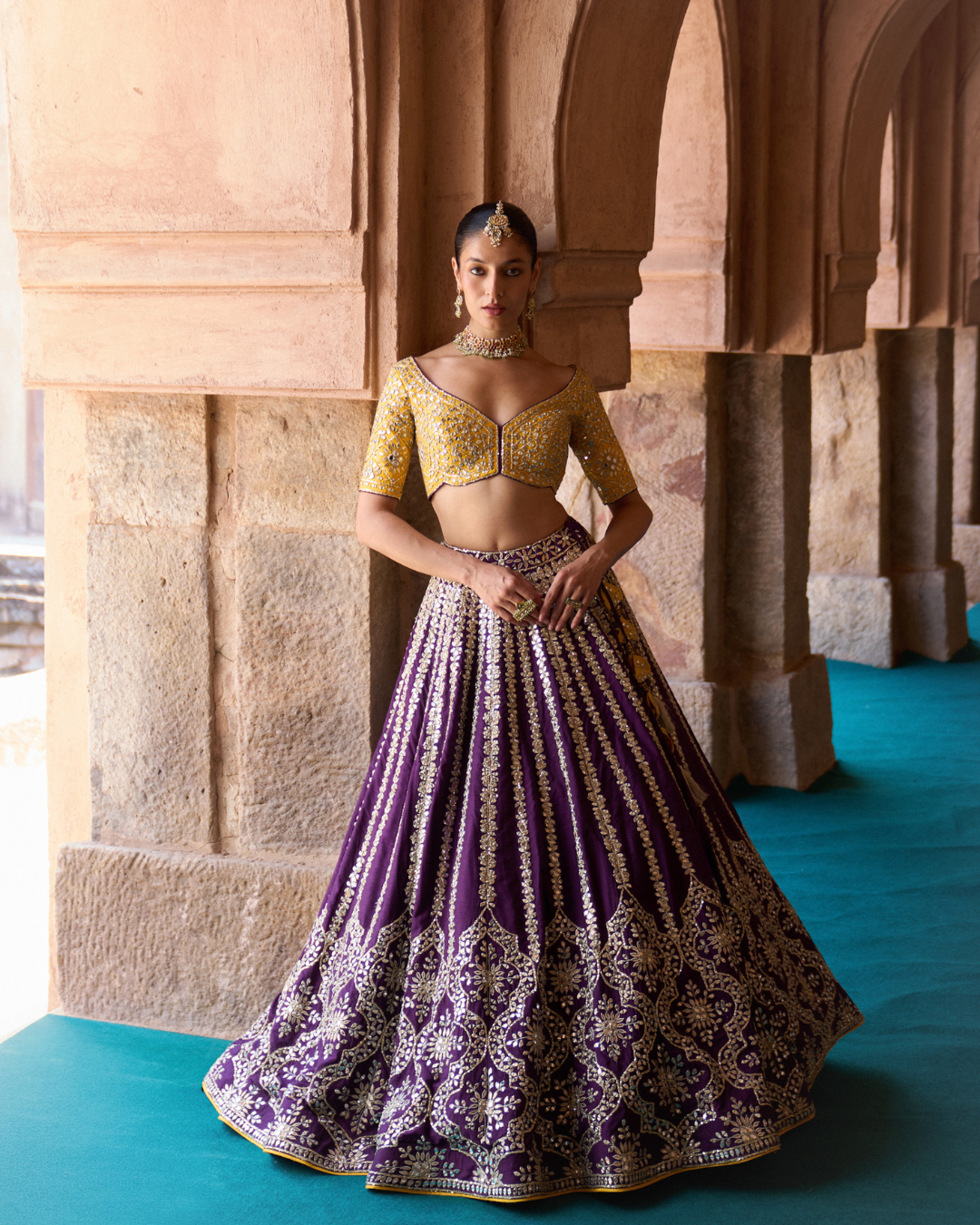 Angad Singh - RAAT RANI — Purple Raw Silk Lehenga Set with Contrast Blouse From Zariya