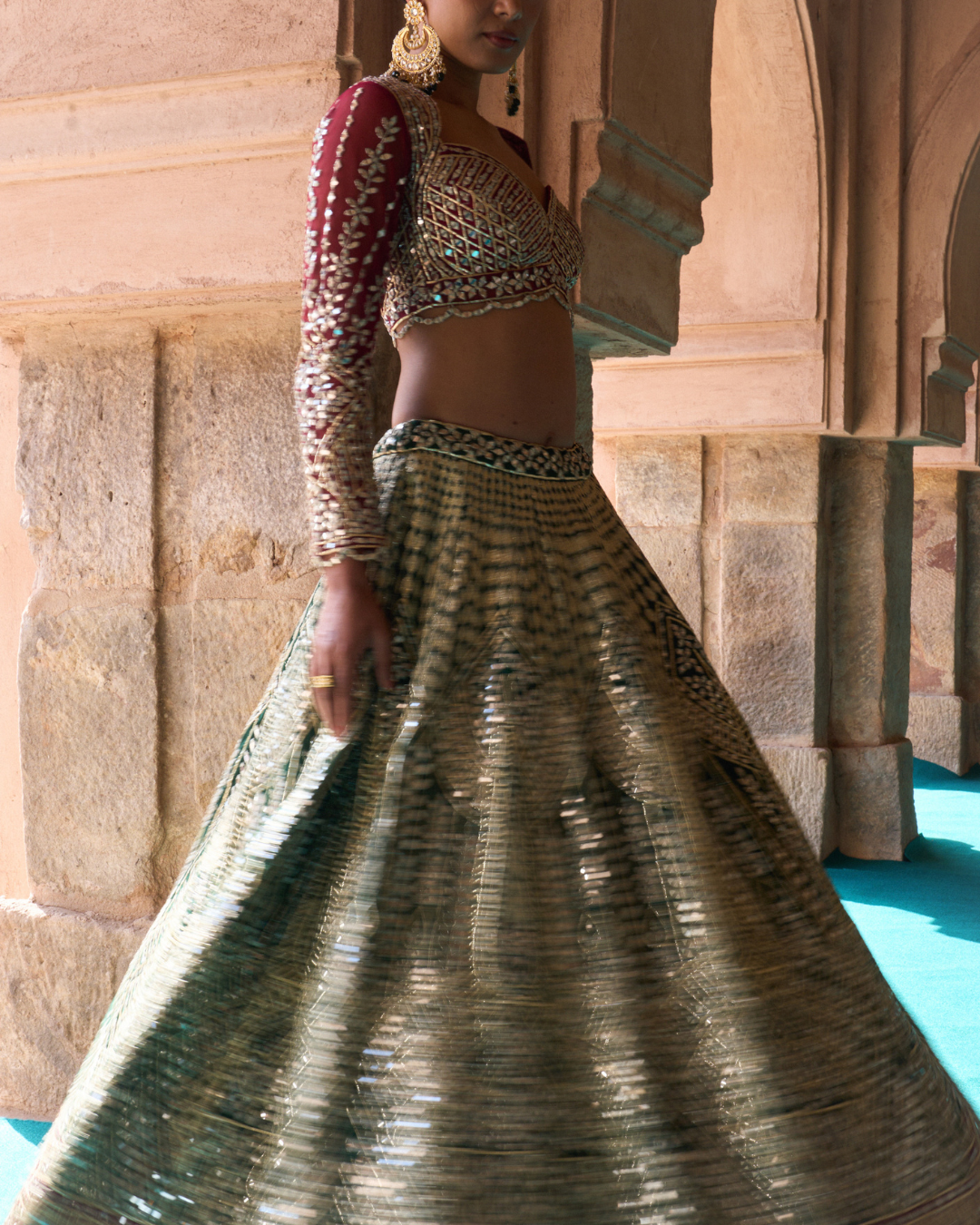 Angad Singh - SUKOON — Bottle Green Raw Silk Lehenga Set with Contrast Blouse From Zariya