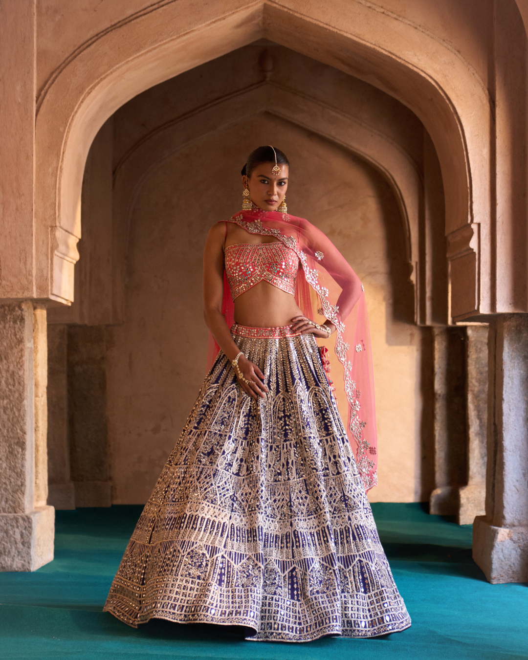 Angad Singh - AMRIT — Midnight Indigo Raw Silk Lehenga Set with Contrast Blouse From Zariya