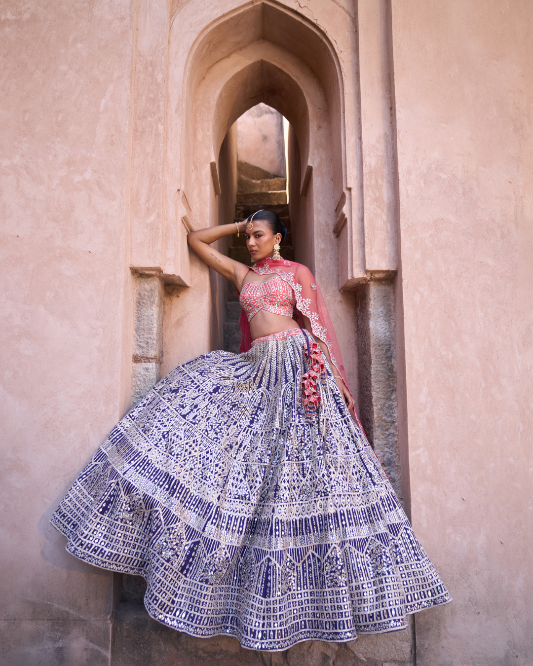 Angad Singh - AMRIT — Midnight Indigo Raw Silk Lehenga Set with Contrast Blouse From Zariya