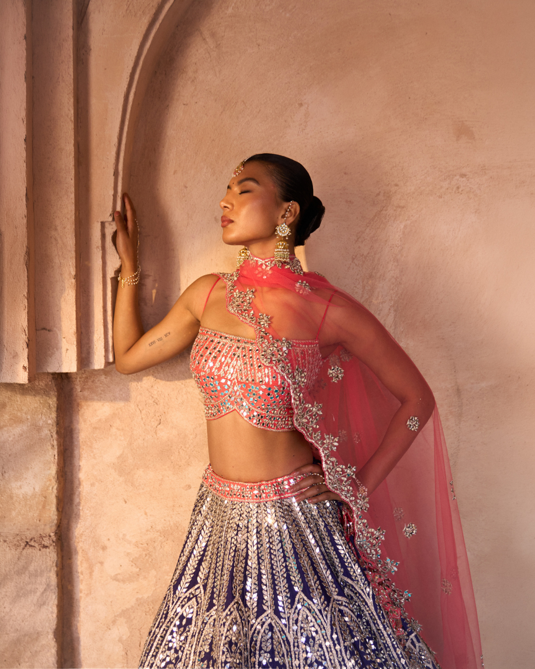 Angad Singh - AMRIT — Midnight Indigo Raw Silk Lehenga Set with Contrast Blouse From Zariya