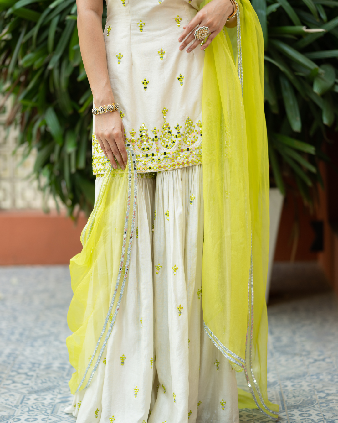 Esha Koul - Offwhite Green Embroidered Sharara From Mirror