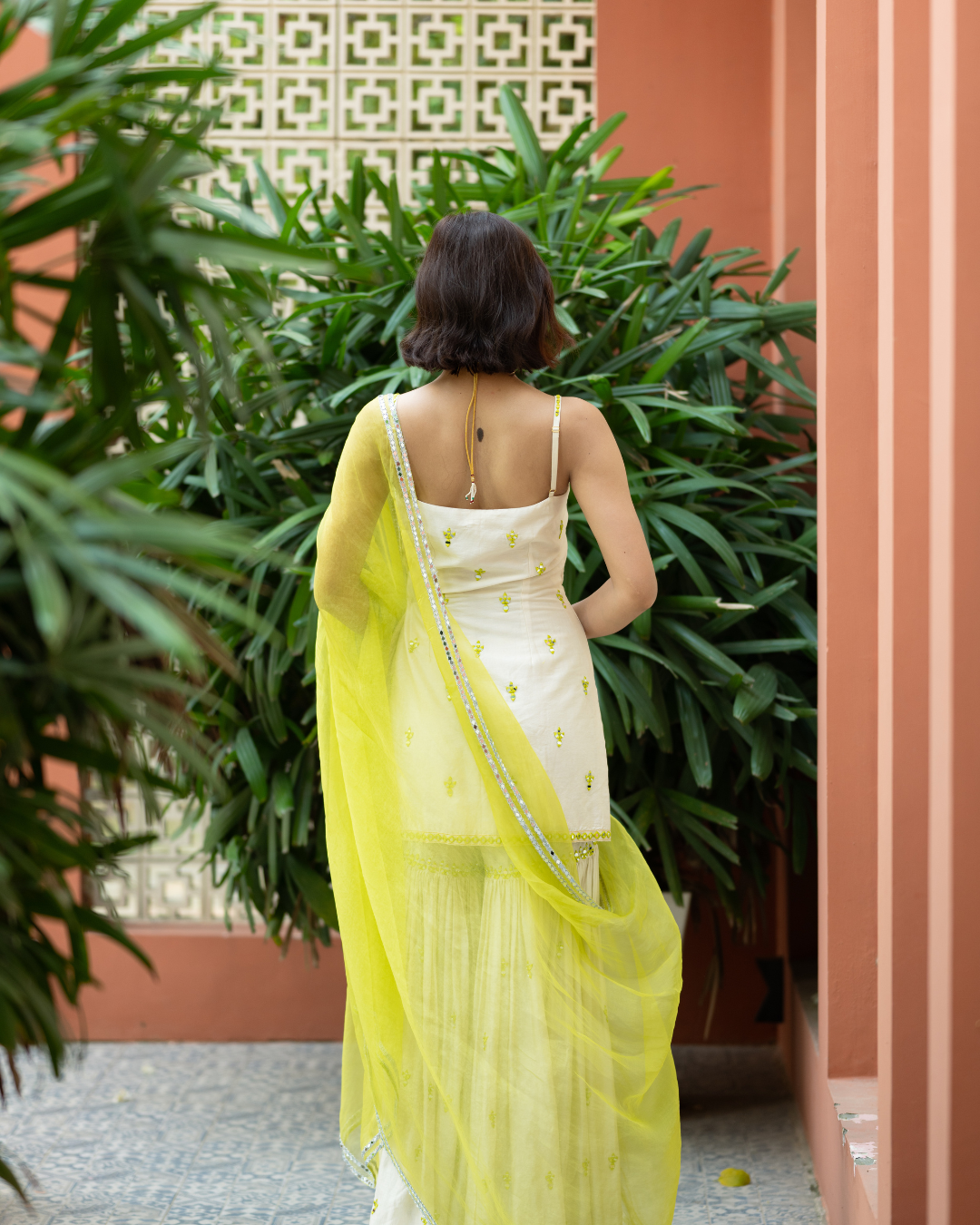 Esha Koul - Offwhite Green Embroidered Sharara From Mirror