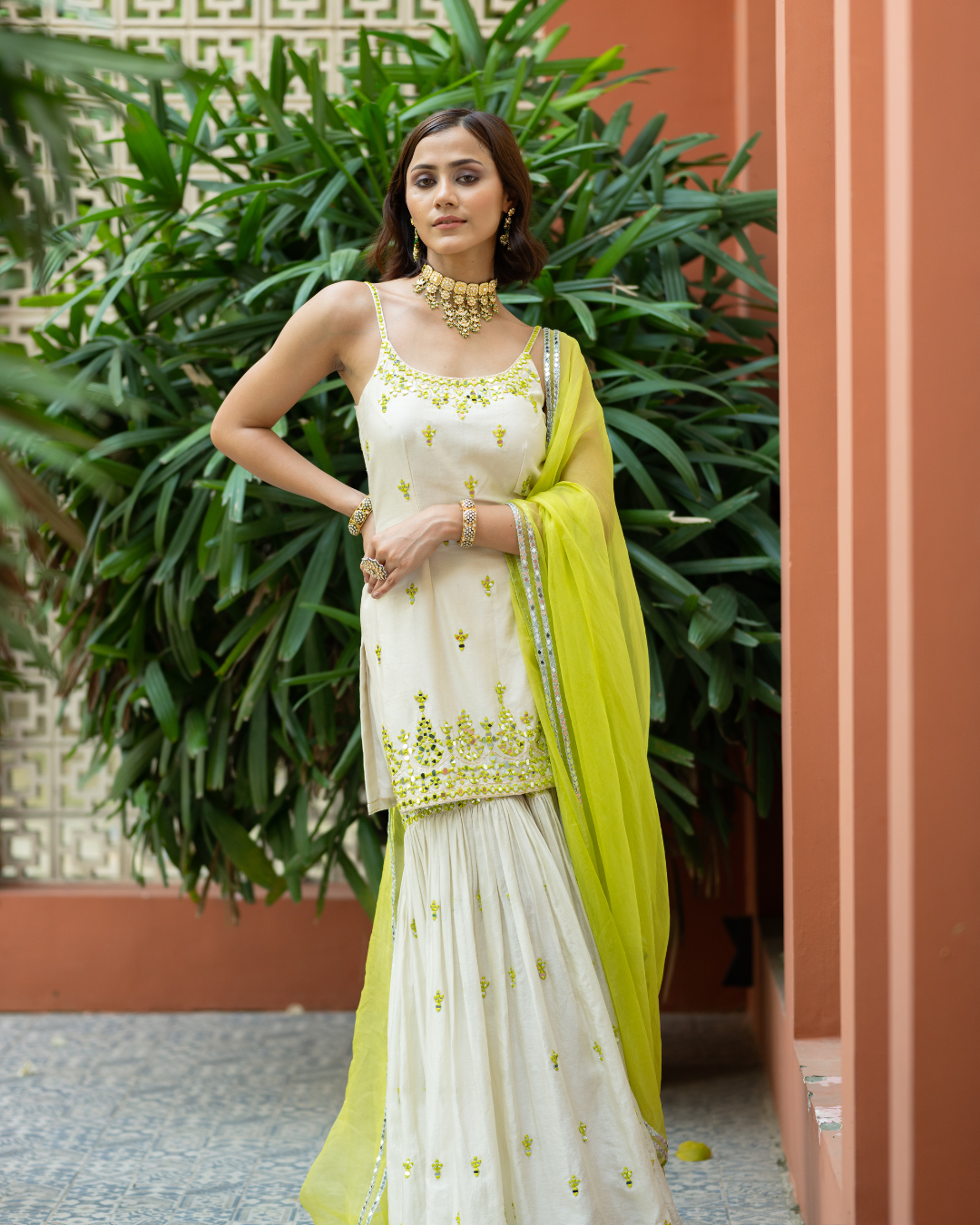 Esha Koul - Offwhite Green Embroidered Sharara From Mirror