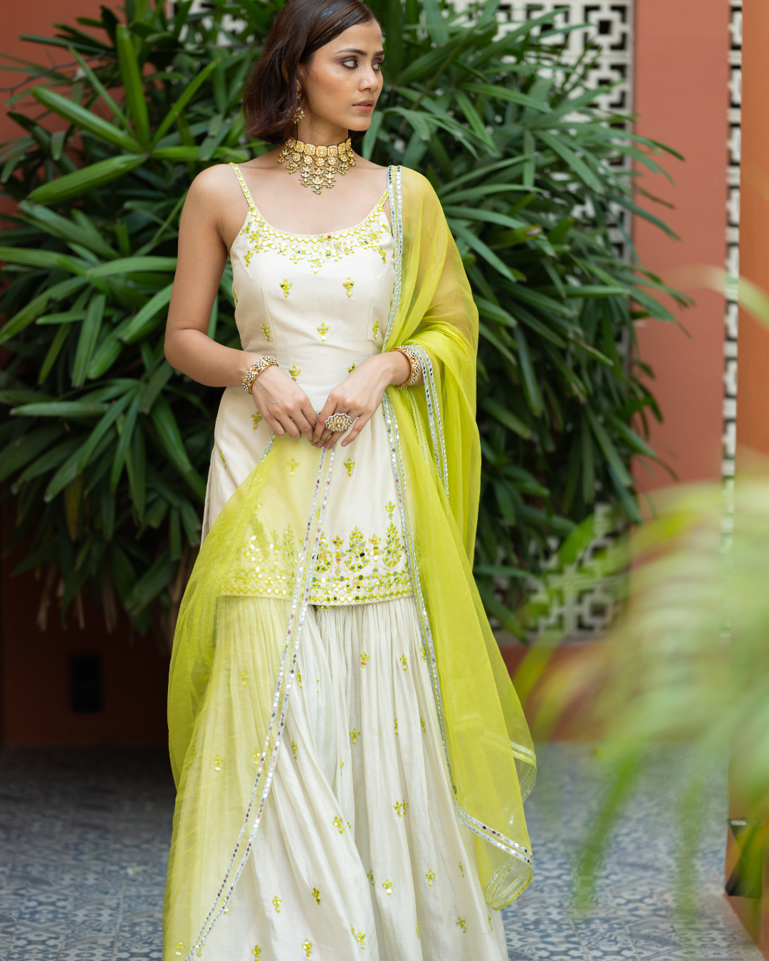 Esha Koul - Offwhite Green Embroidered Sharara From Mirror