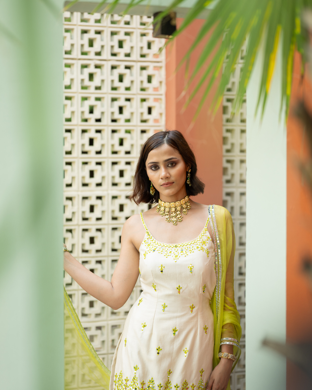 Esha Koul - Offwhite Green Embroidered Sharara From Mirror