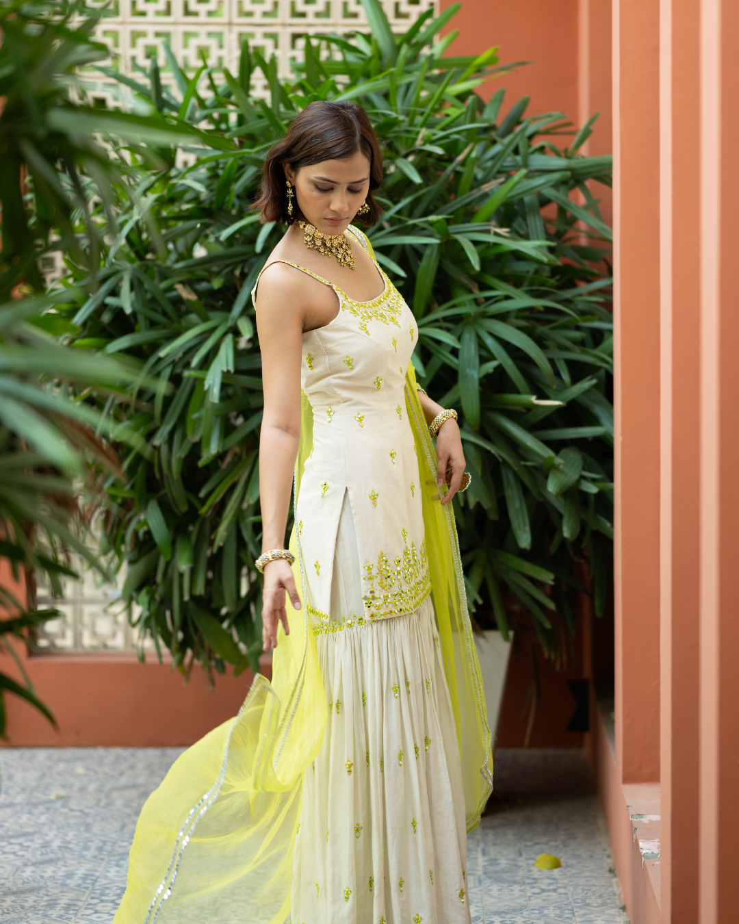 Esha Koul - Offwhite Green Embroidered Sharara From Mirror