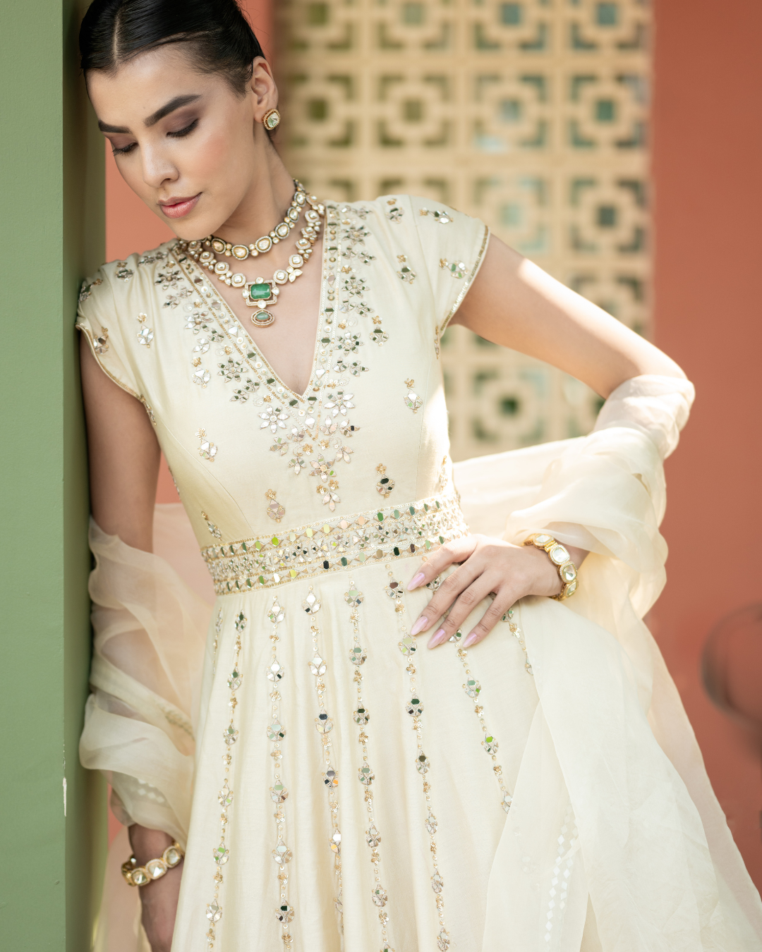 Esha Koul - Offwhite Mirror anarkali Set From Mirror