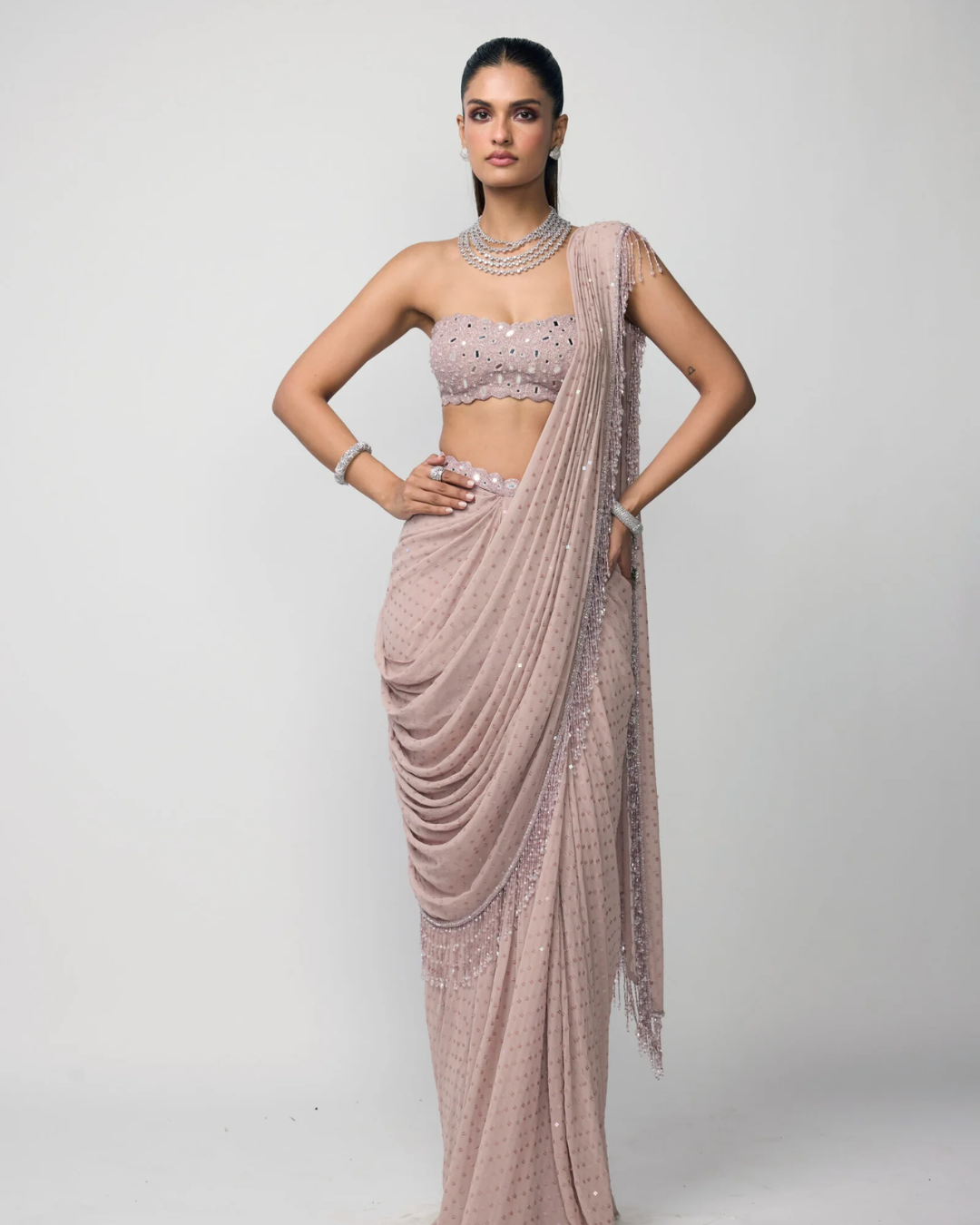 Vvani Vats - Ash Pink Drapded Saree Set From Ziya
