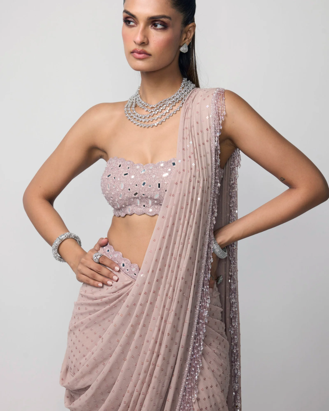 Vvani Vats - Ash Pink Drapded Saree Set From Ziya