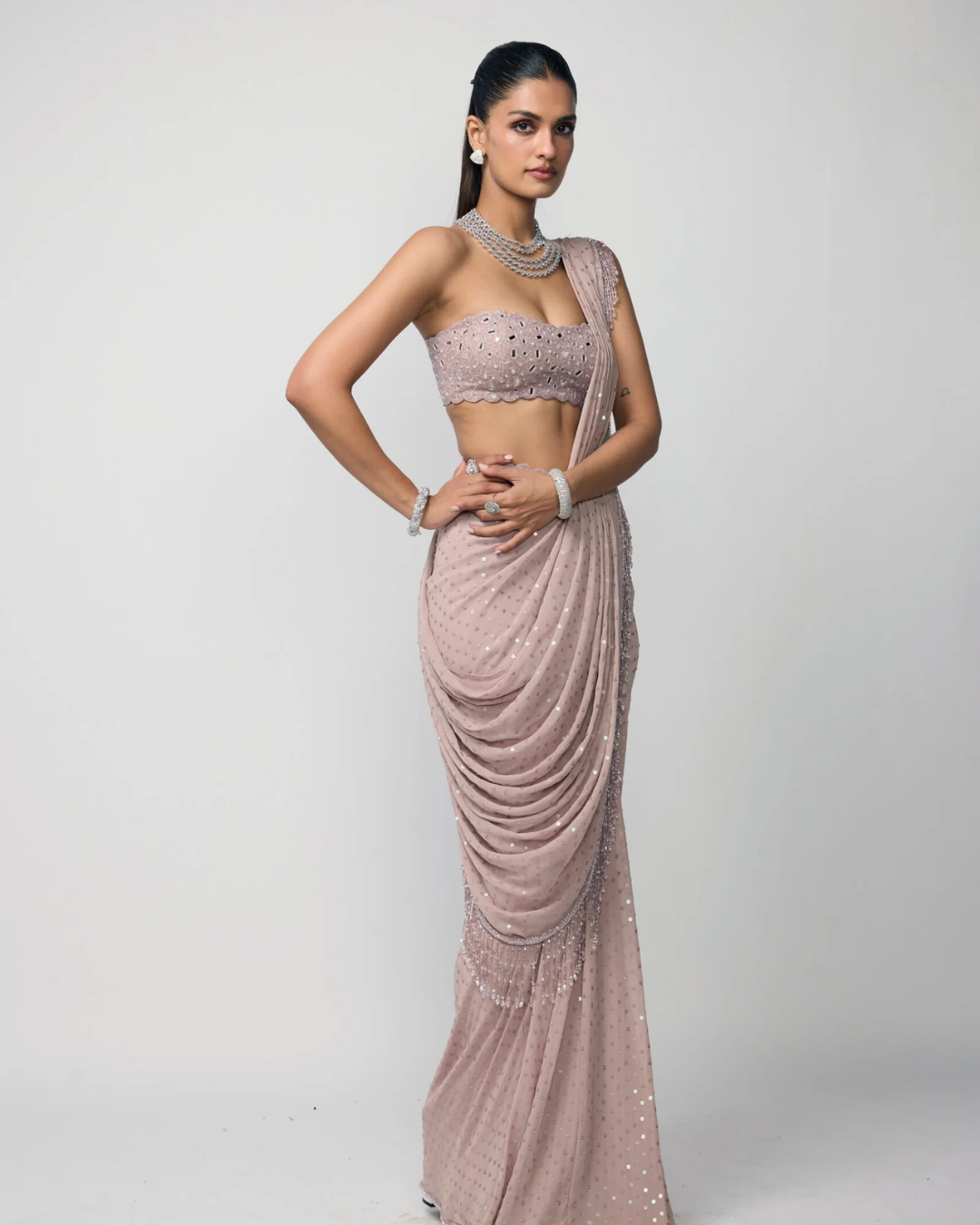 Vvani Vats - Ash Pink Drapded Saree Set From Ziya