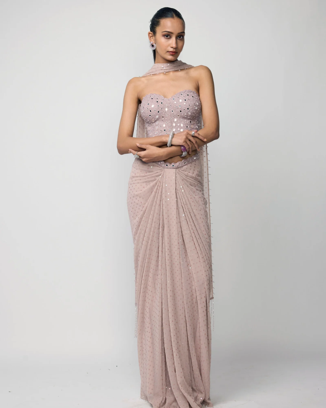 Vvani Vats - Ash Pink Draped Sequins Embroidered Skirt Set From Ziya