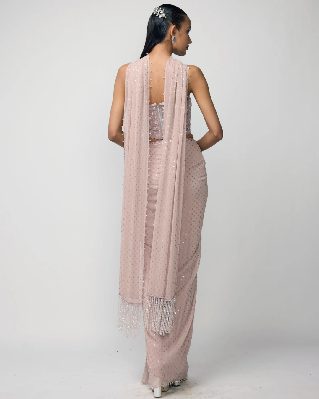 Vvani Vats - Ash Pink Draped Sequins Embroidered Skirt Set From Ziya