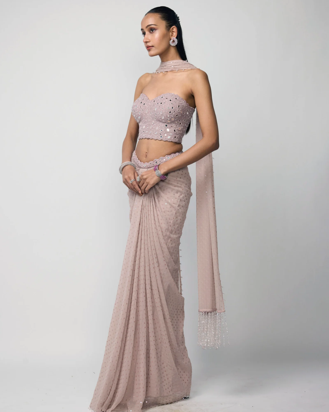 Vvani Vats - Ash Pink Draped Sequins Embroidered Skirt Set From Ziya