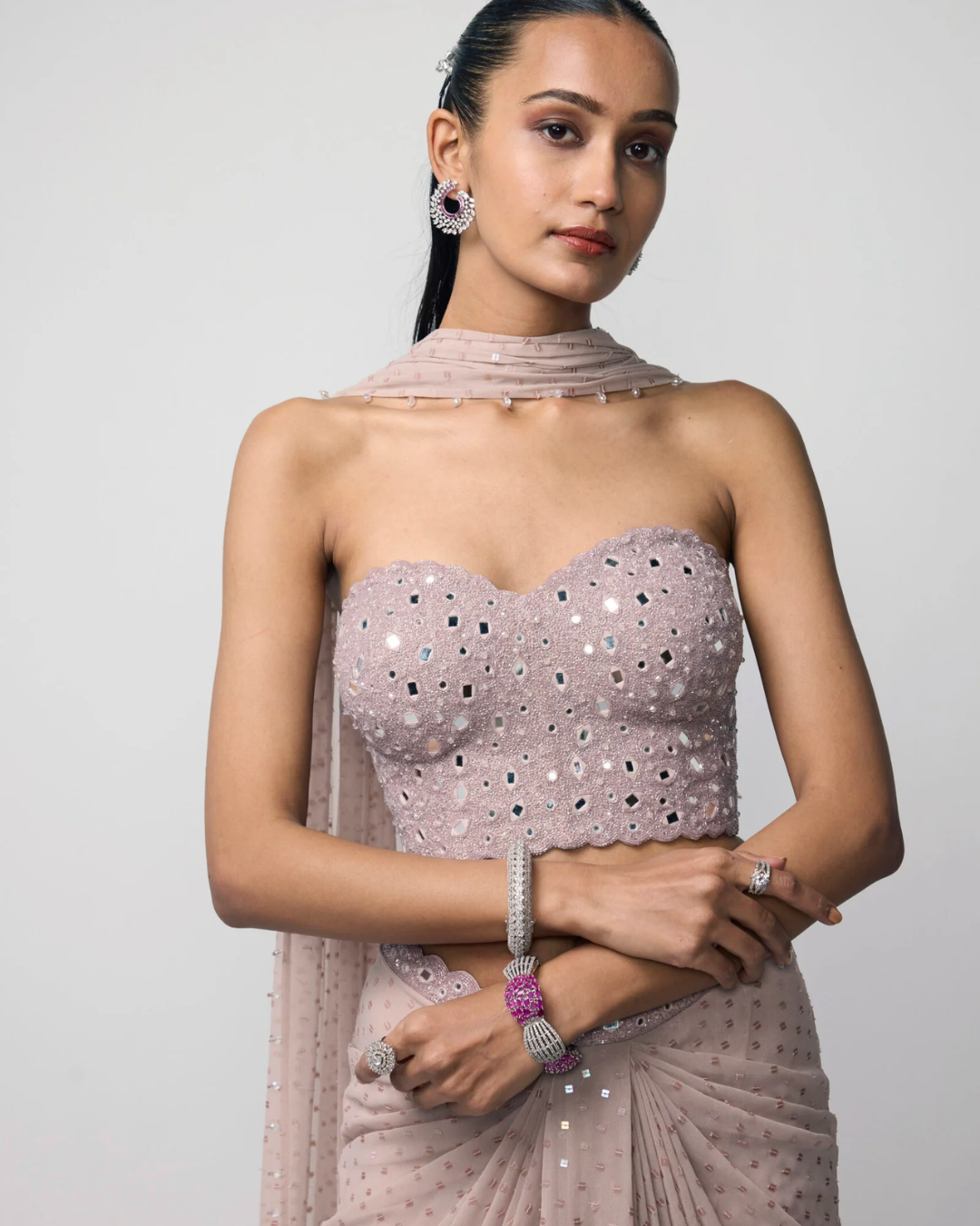 Vvani Vats - Ash Pink Draped Sequins Embroidered Skirt Set From Ziya