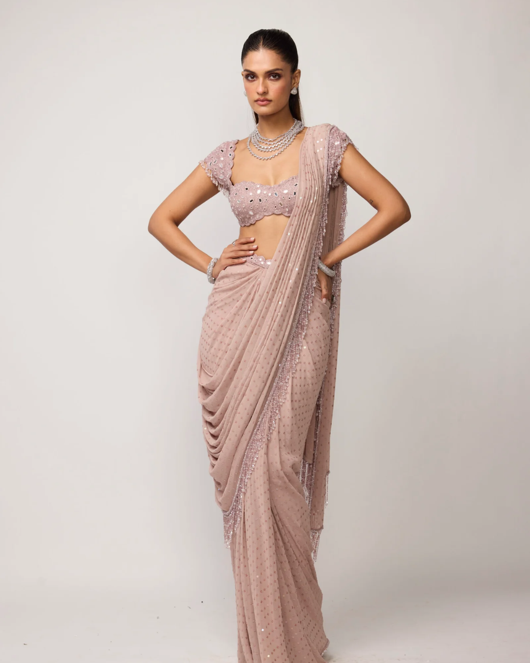 Vvani Vats - Ash Pink Sequins Embroidered Draped Saree Set From Ziya