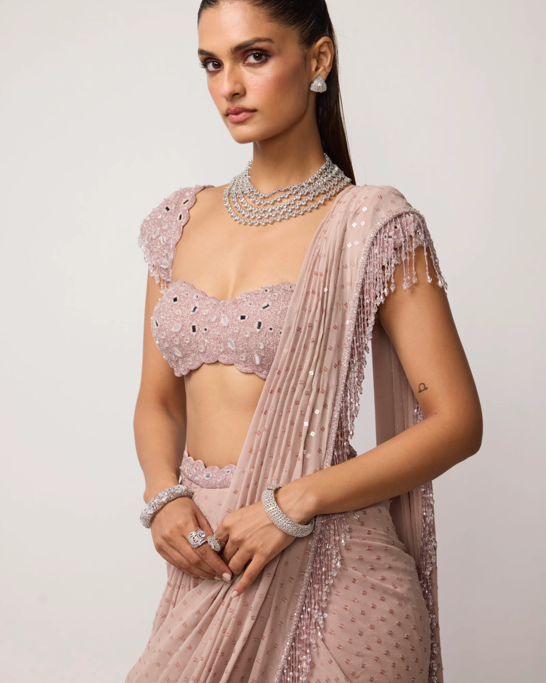 Vvani Vats - Ash Pink Sequins Embroidered Draped Saree Set From Ziya