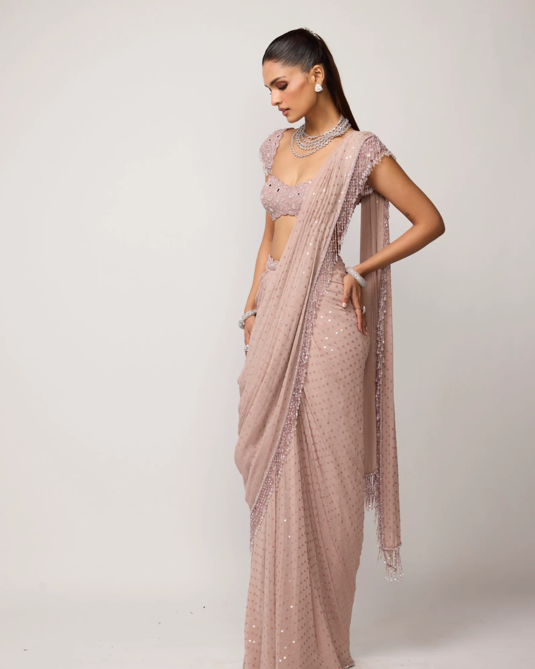 Vvani Vats - Ash Pink Sequins Embroidered Draped Saree Set From Ziya