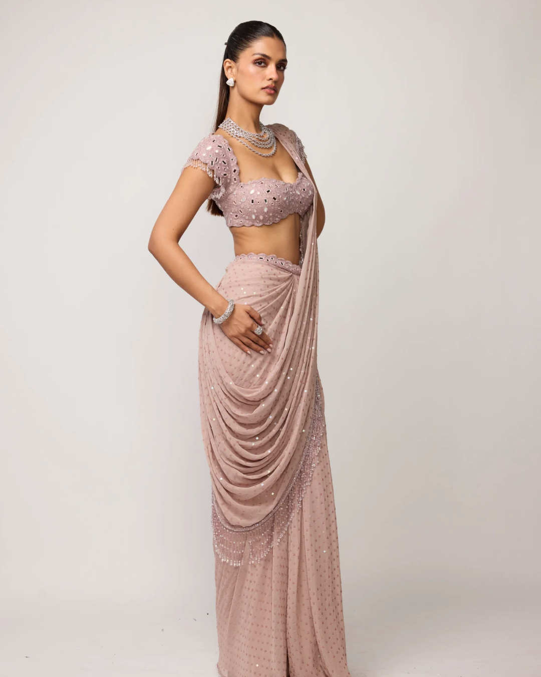 Vvani Vats - Ash Pink Sequins Embroidered Draped Saree Set From Ziya