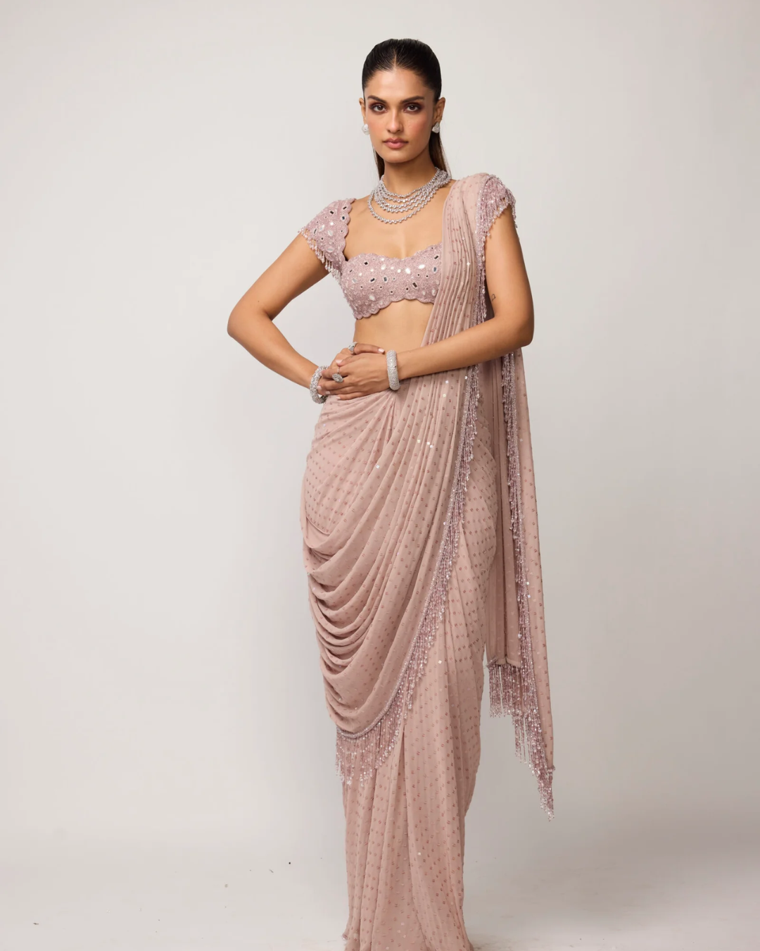 Vvani Vats - Ash Pink Sequins Embroidered Draped Saree Set From Ziya