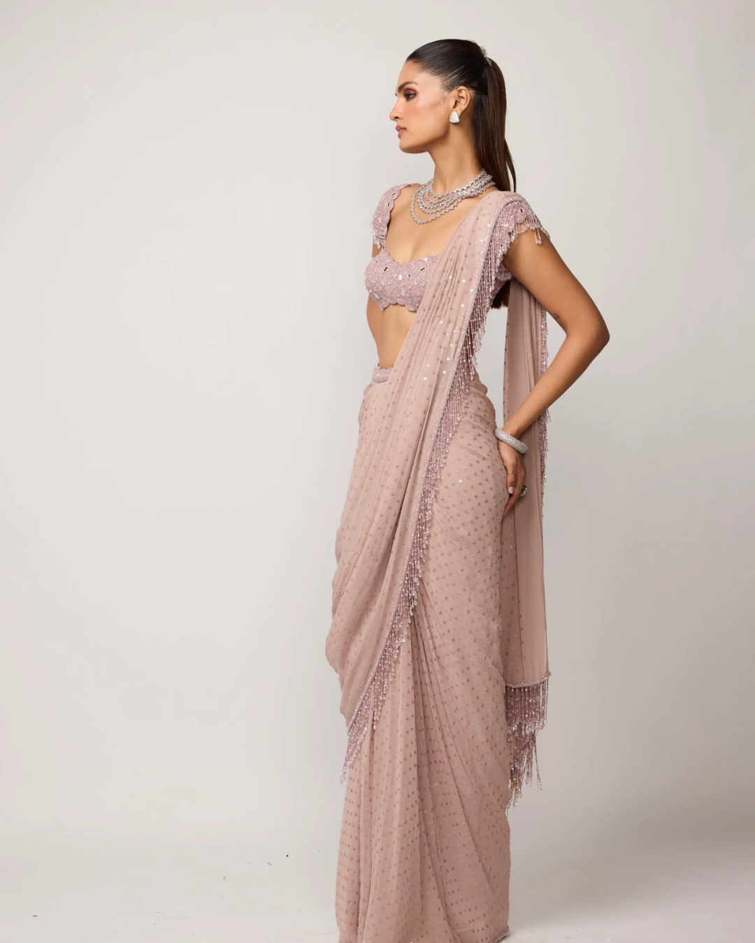 Vvani Vats - Ash Pink Sequins Embroidered Draped Saree Set From Ziya