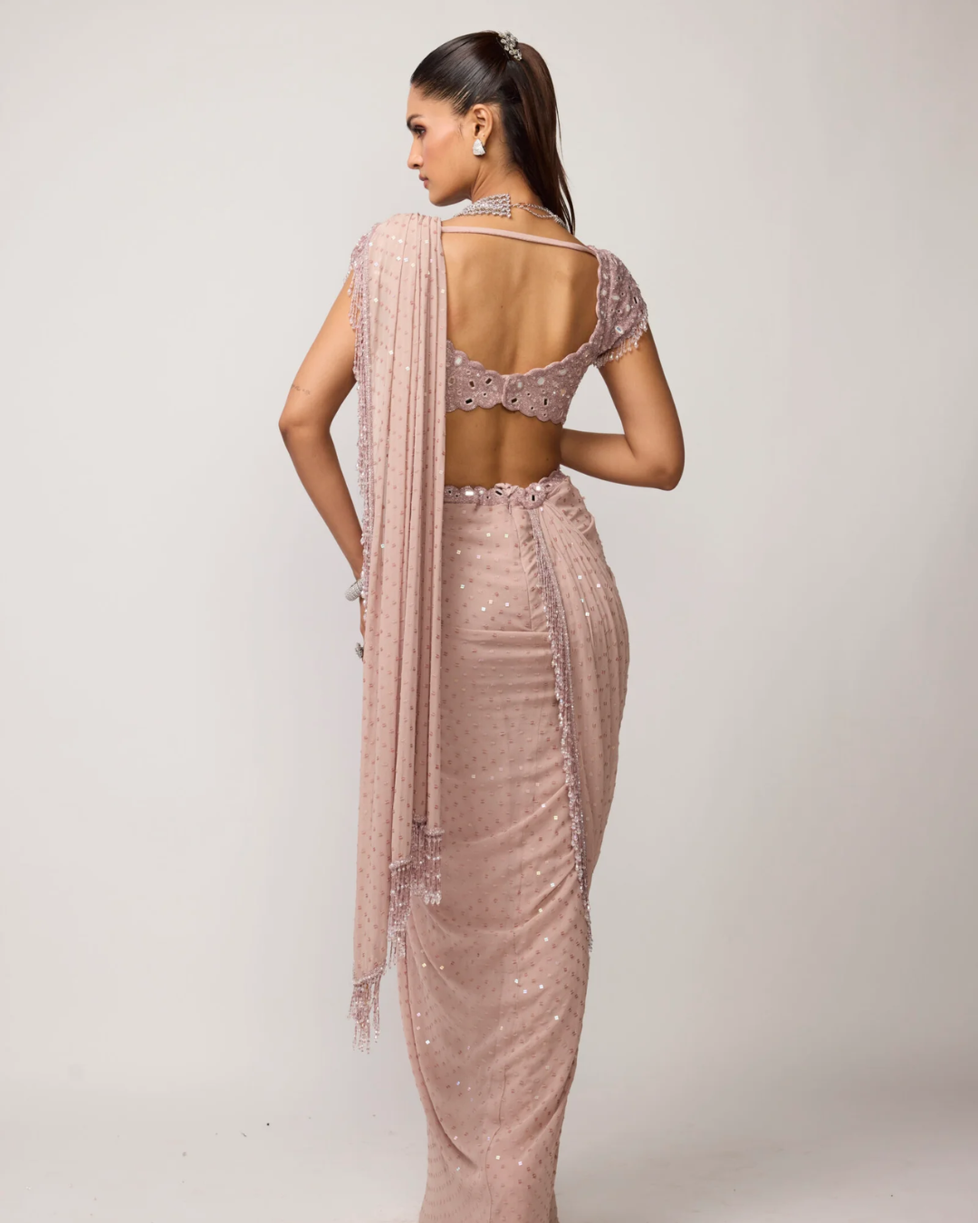 Vvani Vats - Ash Pink Sequins Embroidered Draped Saree Set From Ziya