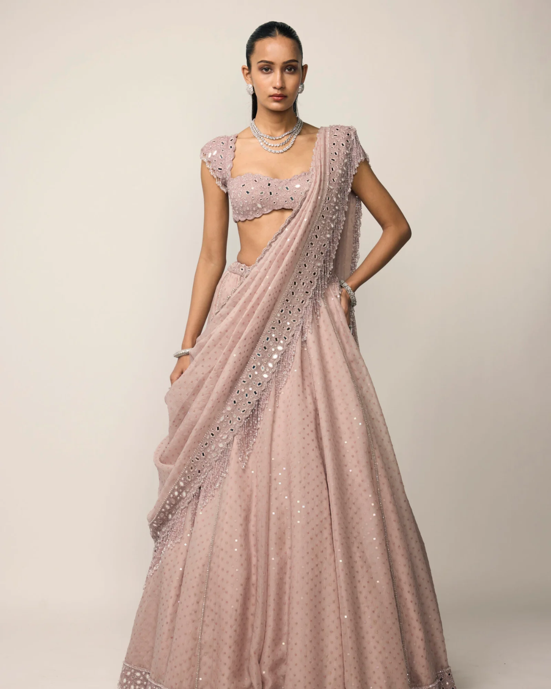 Vvani Vats - Ash Pink Sequins Embroidered Lehenga Set From Ziya