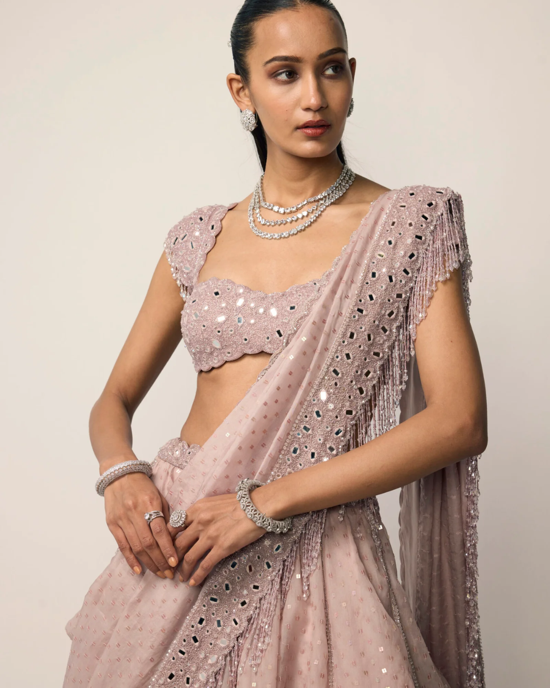 Vvani Vats - Ash Pink Sequins Embroidered Lehenga Set From Ziya