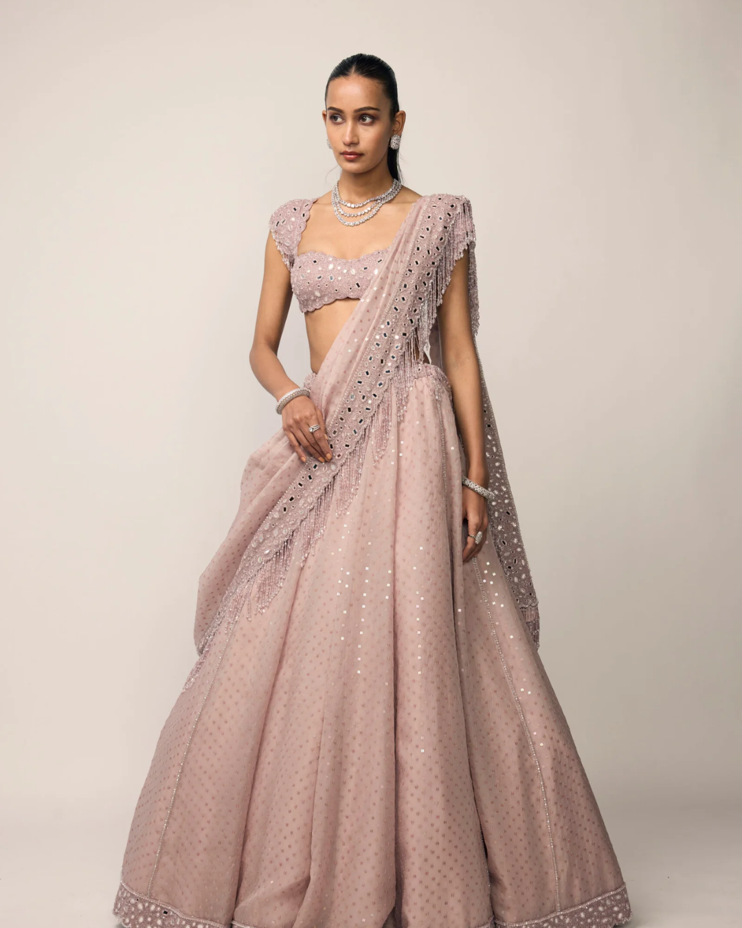 Vvani Vats - Ash Pink Sequins Embroidered Lehenga Set From Ziya