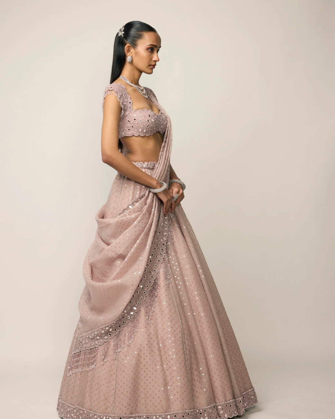 Vvani Vats - Ash Pink Sequins Embroidered Lehenga Set From Ziya