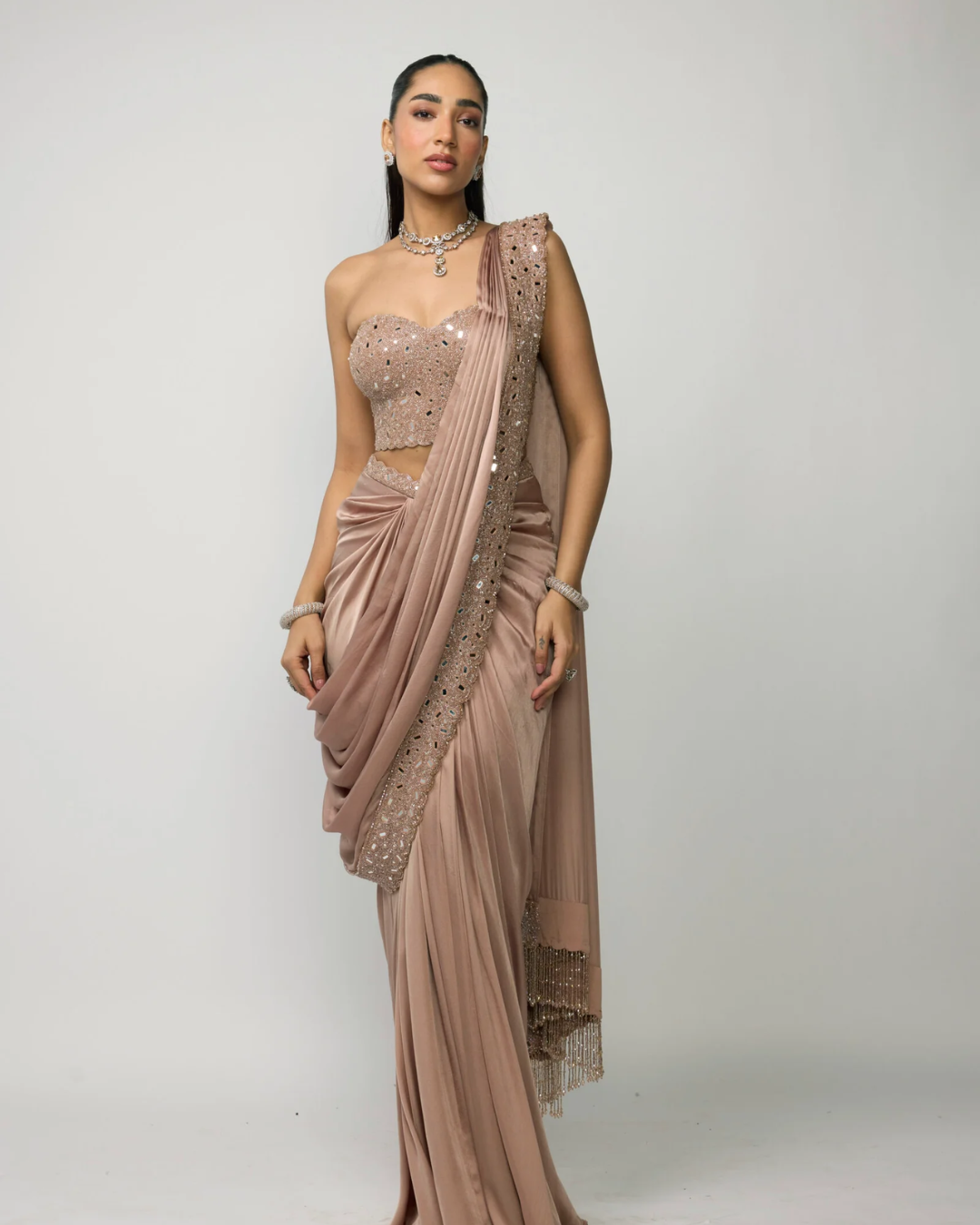 Vvani Vats - Bronze Rosé Draped Saree Set From Ziya