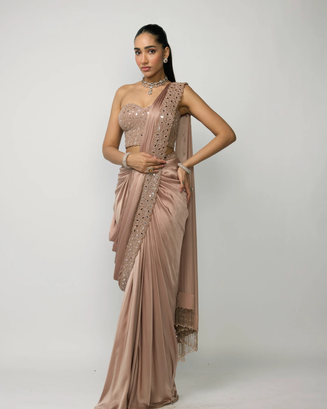 Vvani Vats - Bronze Rosé Draped Saree Set From Ziya