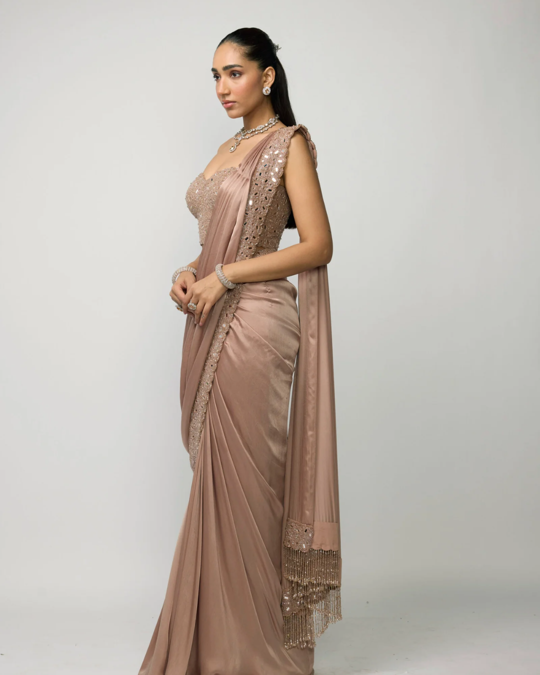 Vvani Vats - Bronze Rosé Draped Saree Set From Ziya